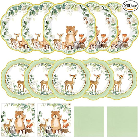Funnymoom 200 Pcs Woodland Baby Shower Party Supplies Kit Safari Animals Disposable Paper Dinner Dessert Plates Napkins for Birthday Baby Bridal Shower Wedding Party 50 Guests