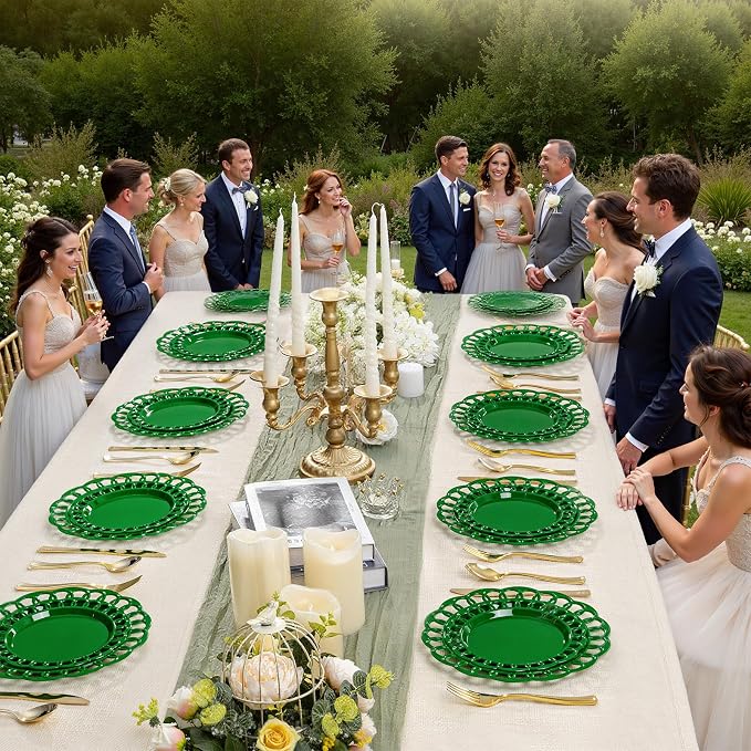 COLOSUS 60pcs Green Plastic Christmas Plates Set,Elegant Lace Rim Disposable Plates,Nice Plastic Plate for Party include 30 Dinner Plates and 30 Dessert Plates for Party,Wedding