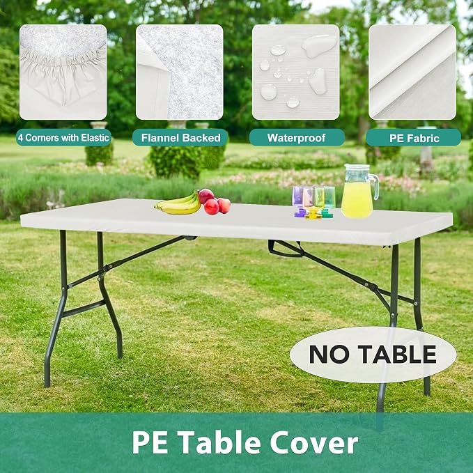 LUSHVIDA 6 Packs Vinyl Tablecloths with Flannel Backing for 8ft Rectangle Folding Table Cloths - Waterproof Plastic Picnic Table Covers with Elastic Corners, 30x96 inch, Ivory