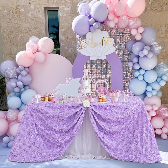 Fanqisi 3D Floral Satin Tablecloth Rectangular Lavender Table Cover 90x156 Inches Rosette Table Cloth for Birthday Party Decorations