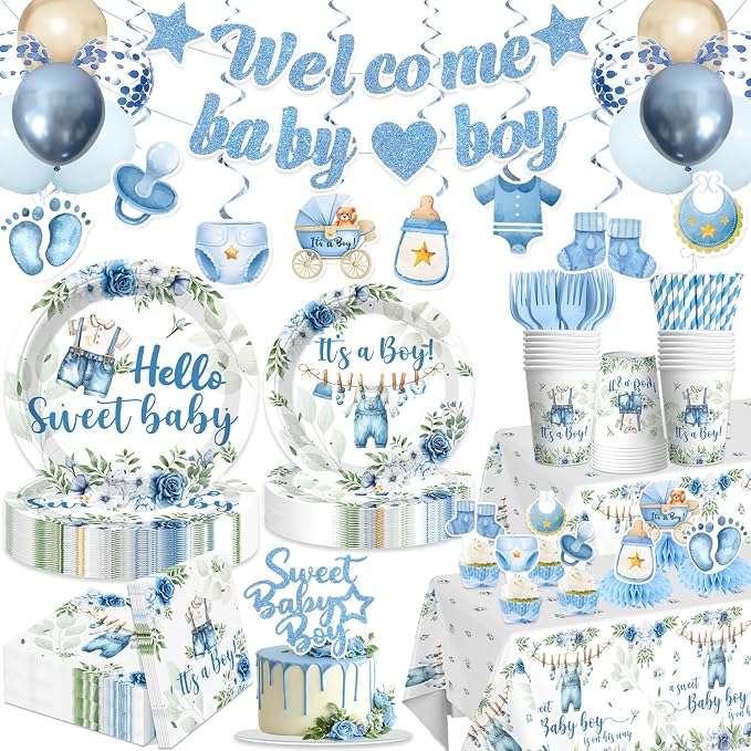 cocomigo 213PCS Blue Baby Boy Shower Decorations Tableware Set, 25 Serves Disposable Plates and Napkins Set, with Cake Topper, Centerpieces, Banner, Tablecloth, for Baby Boy Baby Shower Decorations