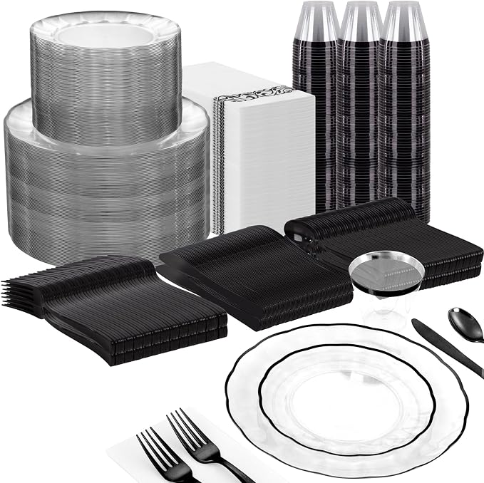 LIYH 350 Pcs Clear and Black Plastic Dinnerware Set for 50 Guests | Includes Plates, Cups, Napkins, and Disposable Cutlery - Elegant Clear & Black Design, Perfect for Parties,Halloween