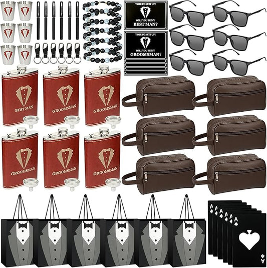 Set 6 Groomsmen Proposal Gifts - Groomsmen Gift Box with Leather Bag，Tuxedo Flask, Funnel，Shot Glasse，Poker Card Bottle Openers, Sunglasses, Pen，Bracelet, Card & Gift Bags for Wedding Party （Brown）