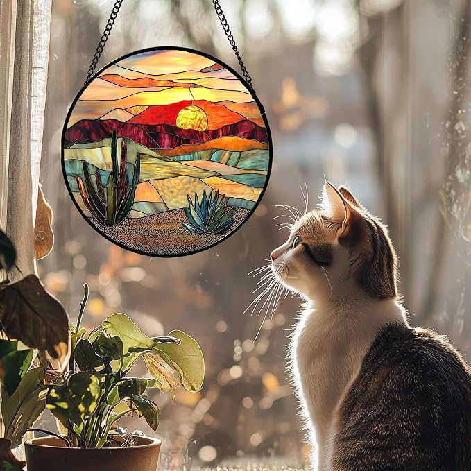 DASTOLL Stained Glass Window Hanging, Golden Landscape Dusk Sunset Suncatcher for Doors Window Home Cactus Sun Catchers Decoration Mother's Day Birthday Gifts for Women, Men, and Mom 15 in