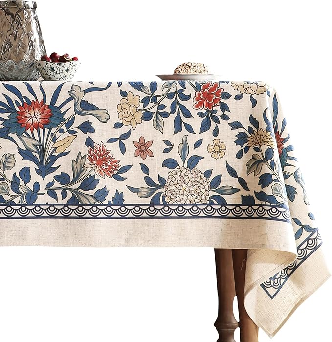 patdrea Vintage French Linen Tablecloth,Rectangular,87"x55"-Ivar A | Elegant Colorful Table Cloth for Rectangle Table,Blue and White Floral Patterned,Dining Room Tea Party Thanksgiving