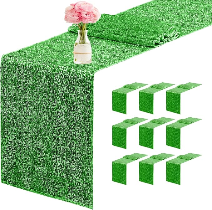 10 Packs 12 x 72 inches Sequin Table Runner, Grass Green Glitter Table Runner for Birthday Party Supplies Wedding Engagement Baby Shower Holiday Celebration Event Decorations