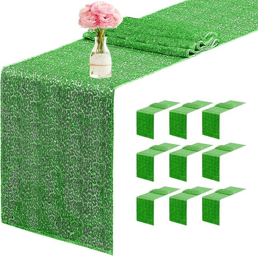 10 Packs 12 x 72 inches Sequin Table Runner, Grass Green Glitter Table Runner for Birthday Party Supplies Wedding Engagement Baby Shower Holiday Celebration Event Decorations