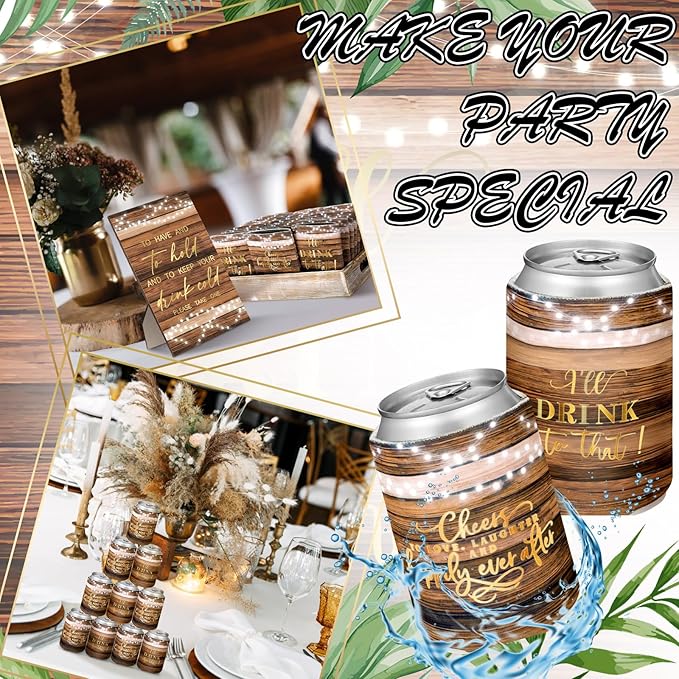 SiliFine 101 Pcs Wood Grain Wedding Can Cooler Bulk Engagement Party Favors for 100 Guests Cheers to Love Laughter, and I'll Drink Can Cooler with Wooden Wedding Table Sign Bridal Shower Favor