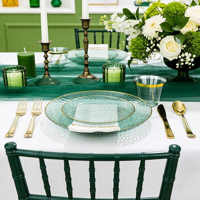 DaYammi 175 Pcs Green Plastic Plates Dinnerware Set (25 Guests), Hammered Plates Sets, Green Party Platos Set include 50 Disposable Platos, 75 Gold Plastic Silverware, 25 Cups 25 Napkins