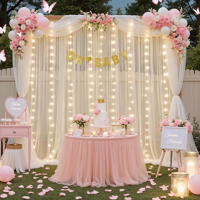 Ivory Tulle Backdrop Curtains with Lights String for Parites Wedding 10×10ft Sheer Backdrop Curtains for Baby Shower Birthday Party Photo Shoot Background Decorations