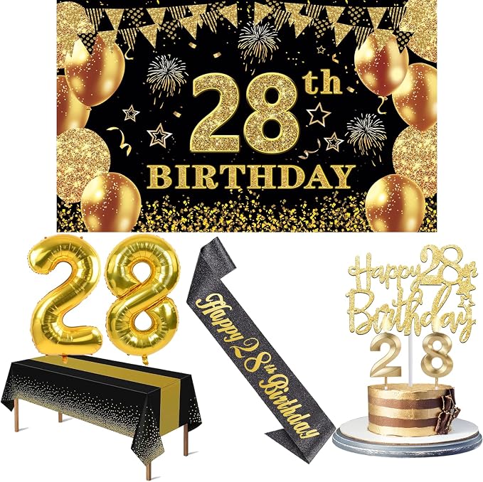 28th Birthday Decorations Men Women with 28th Birthday Banner, Black and Gold Table Cloth, Number Balloons, Large Sash, Cake Topper and Candles