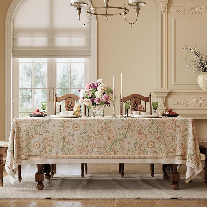 French Thick Linen Tablecloth for Rectangle Tables, Pink Floral Waterproof Wipeable Decorative Table Cover for Dining Kitchen Indoor Outdoor, 63" x 91", 6-8 Seats