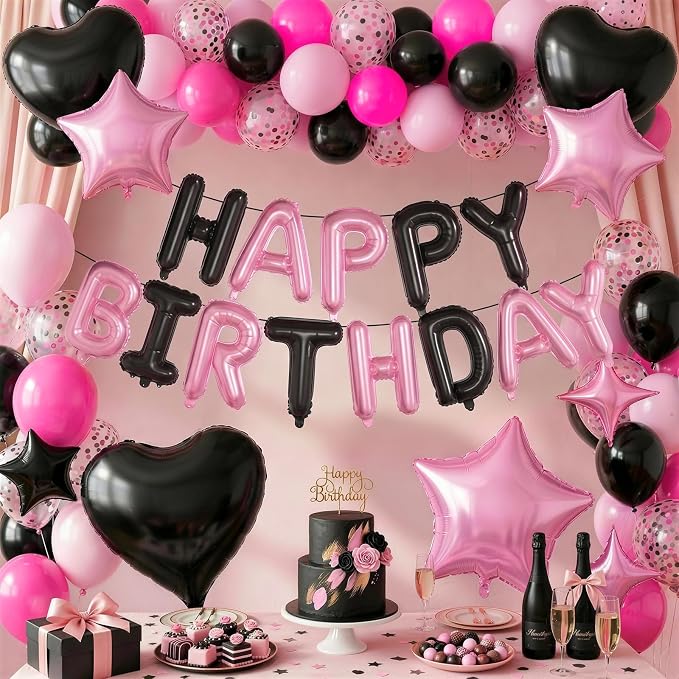 Pink and Black Birthday Decorations for Girls Women Hot Light Baby Pink Black Balloons Confetti Party Balloon Happy Birthday Banner Heart Balloons 18/10 Inch Star Balloon for Bday Party Supplies