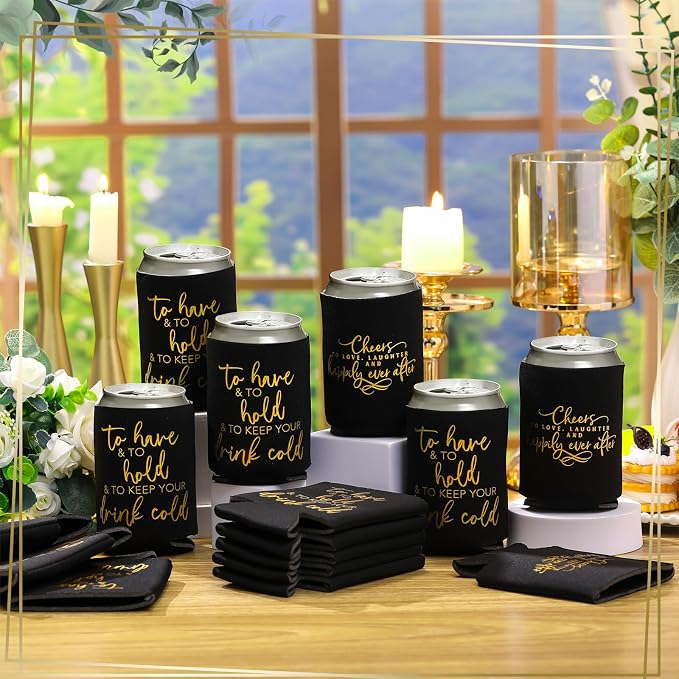 Qinyoung 50 Pieces Black Wedding Can Cooler Sleeves Bulk Engagement Party Favors for Guests Cheers to Love Laughter Happily Ever After Rehearsal Dinner Decorations for Wedding Bridal Party