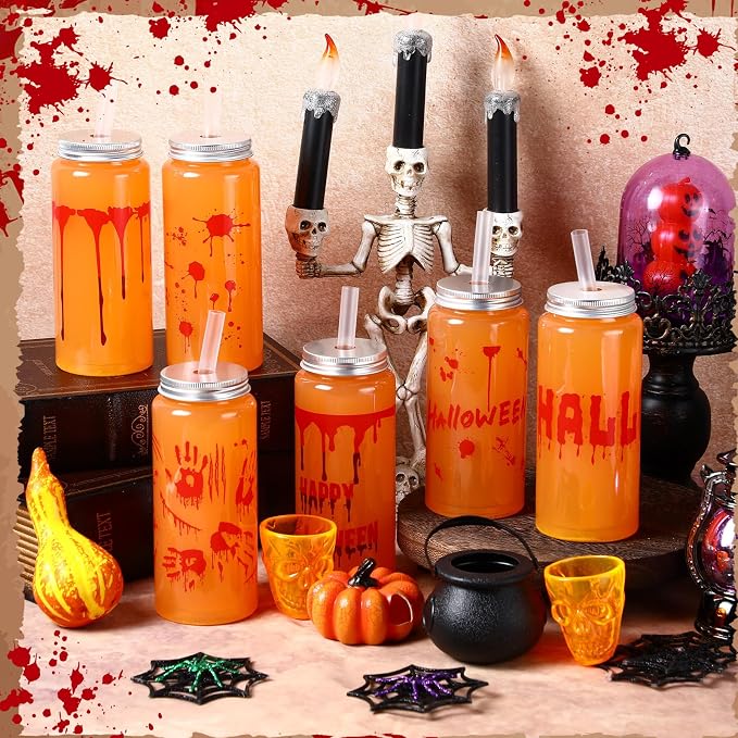 Skylety 30 Pcs Halloween Blood Printed Plastic Cups 13.5 oz Plastic Tumbler with Lids and Straws Reusable Bloody Drinking Cups for Halloween Themed Party Supplies Juice Soda Drinks