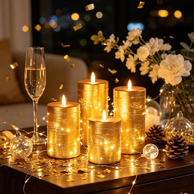 Da by 3 Pack Gold Wax Flameless Taper Candles, Realistic Flickering LED Candles with Surrounding Fairy String Lights, Soft Warm Light Battery Candles with Remote for Indoor Outdoor Decor