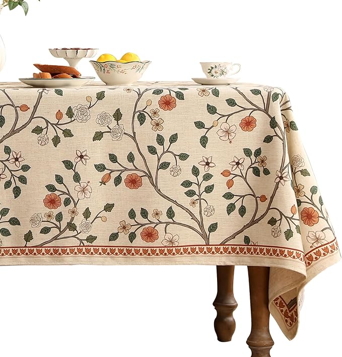 ISAENNE Vintage French Linen Rectangular Tablecloth,79"x55"-Flora A | Designer Elegant Floral Table Cloth Rectangle Table,Beautiful,Decoration,Dining Room,Tea Party,Kitchen,Thanksgiving