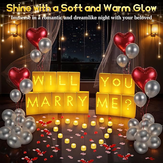 Lewondr Will You Marry ME Sign Proposal Decorations, Light Up Letters Luminary Paper Bags with 30pcs 6H Tea Lights Candles, Latex & Aluminum Balloons, 2000 Rose Petals, Surprise for Valentines Day
