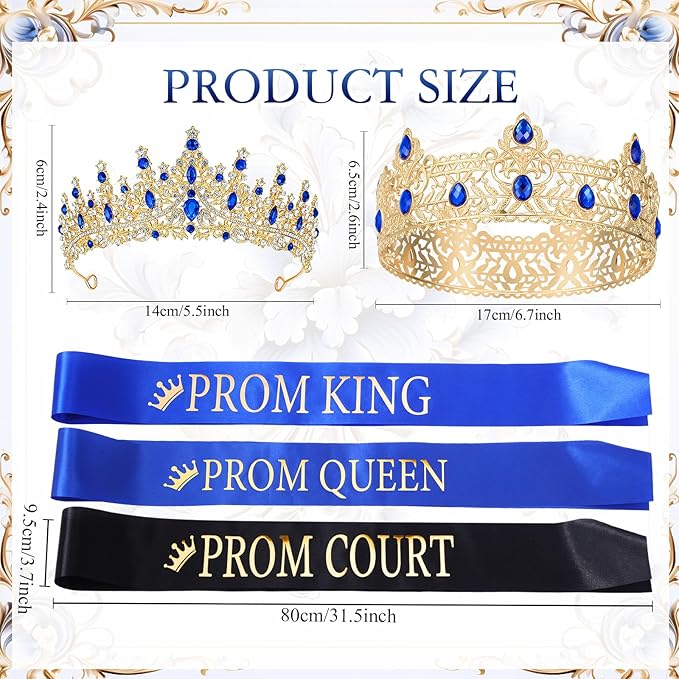 Retrowavy 12 Pcs Prom Crown and Sash Set, Prom King and Queen Tiara Rhinestone Crown Satin Sash for Graduation Party