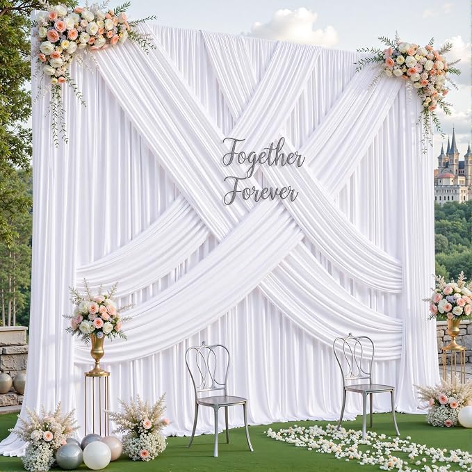 4 Panels White Backdrop Curtains - Wrinkle Free Fabric Backdrop Curtain for Photoshoot,10ft Wedding Party Photo Backdrop Drapes for Birthday Baby Shower Photography Stage Background Decorations