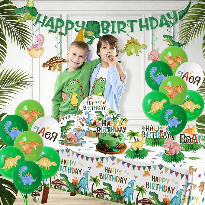 Dinosaur Birthday Decorations, 199Pcs Dinosaur Party Decorations Tableware Set Include Dinosaur Plates,Napkins,Cups,Balloon,Banner,Hanging Swirl,Cake Toppers,Tablecloth for Boy Dino Party Supplies