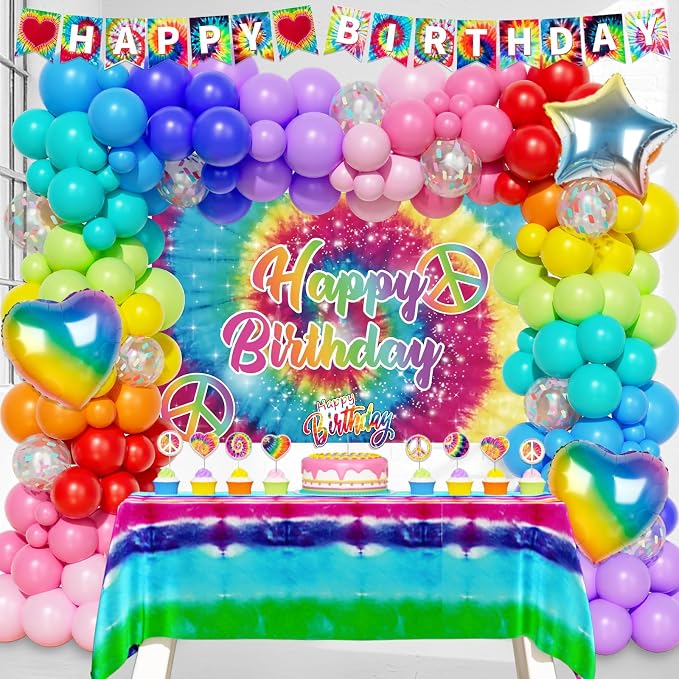 Tie Dye Birthday Party Decorations – 112PCs Rainbow Tie Dye Themed Party Supplies Set with Colorful Backdrop, Balloon Garland, Banner, Tablecloth, Cake Cupcake Topper