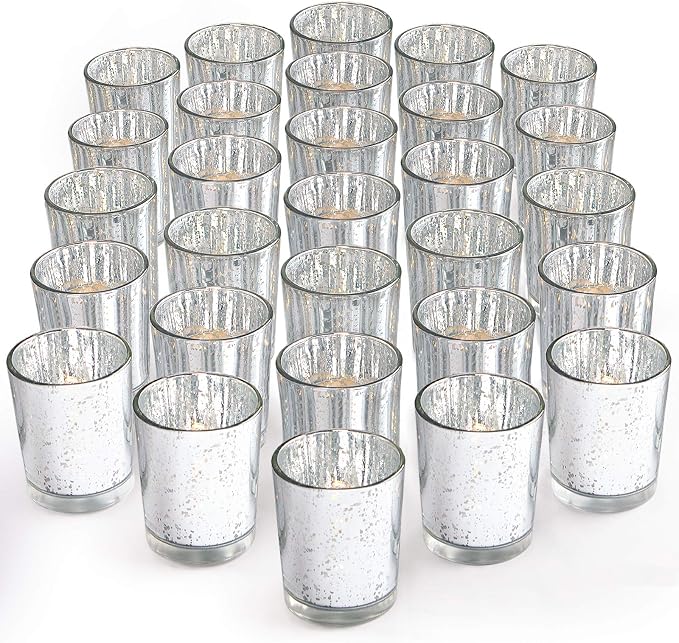 LETINE Silver Votive Candle Holders Set of 36 - Speckled Mercury Silver Glass Candle Holder Bulk - Ideal for Valentine's Day Decorations Indoor，Spring&Summer Wedding Centerpieces，Home Decor