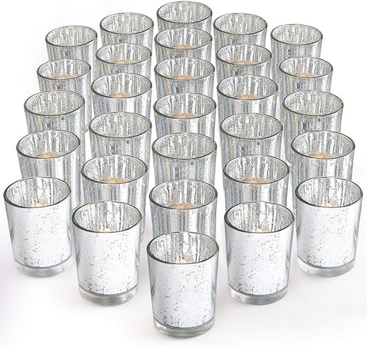 LETINE Silver Votive Candle Holders Set of 36 - Speckled Mercury Silver Glass Candle Holder Bulk - Ideal for Valentine's Day Decorations Indoor，Spring&Summer Wedding Centerpieces，Home Decor