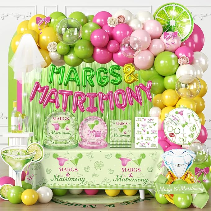 cocomigo 264pcs Margs and Matrimony Bachelorette for Bestie, Best Friend, Worry-free One-stop Set for 25 Guests, includes Balloon Arch Plates Tablecloth, Easy Setup for Margarita Bachelorette Party