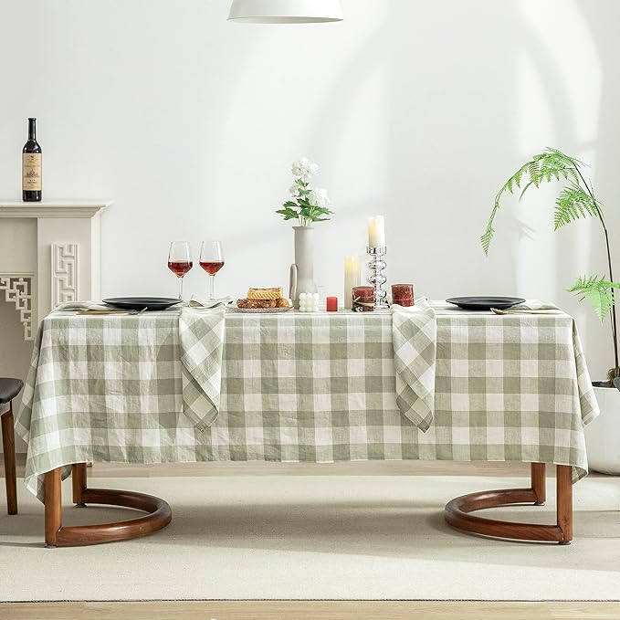 EVERLY 100% Yarn-Dyed Linen Rectangle Tablecloths 60x132Inches for Dining,Buffet Parties,Picnic,Events and Restaurants,Decorative Halloween,Thanksgiving Machine Washable Tablecloths-Sage Green Plaid