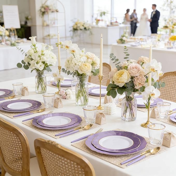 WDF 60pcs Purple Plates Disposable with Gold Rim - Baroque Light Purple Plastic Plates - Lavender Plates for Spring/Wedding/Birthday/Mother's Day