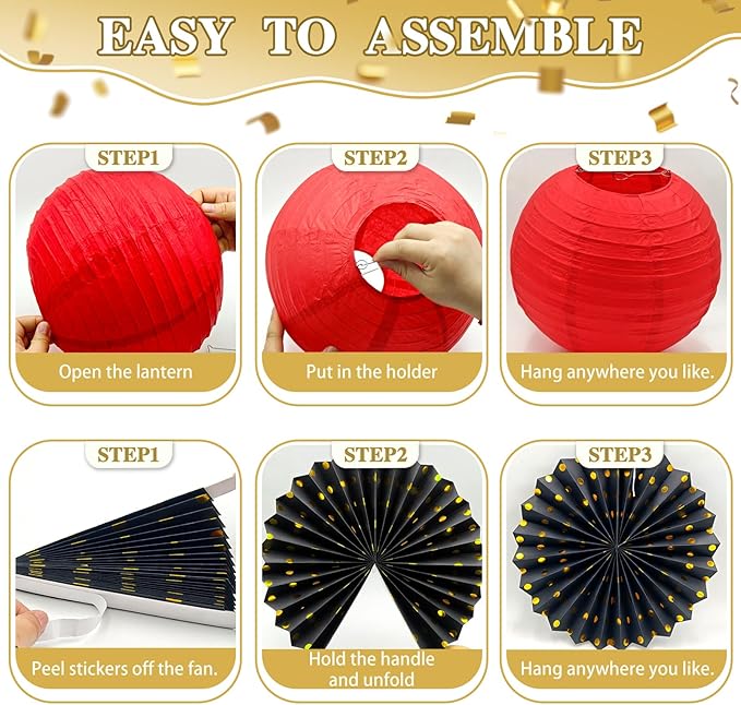 ADLKGG Red Black Gold Party Decorations, 14 Pcs Hanging Paper Fans, Lanterns, Pom Poms - Elegant Backdrop for Casino Night, Graduation 2026, Birthday, Hollywood Theme Party, Game Night