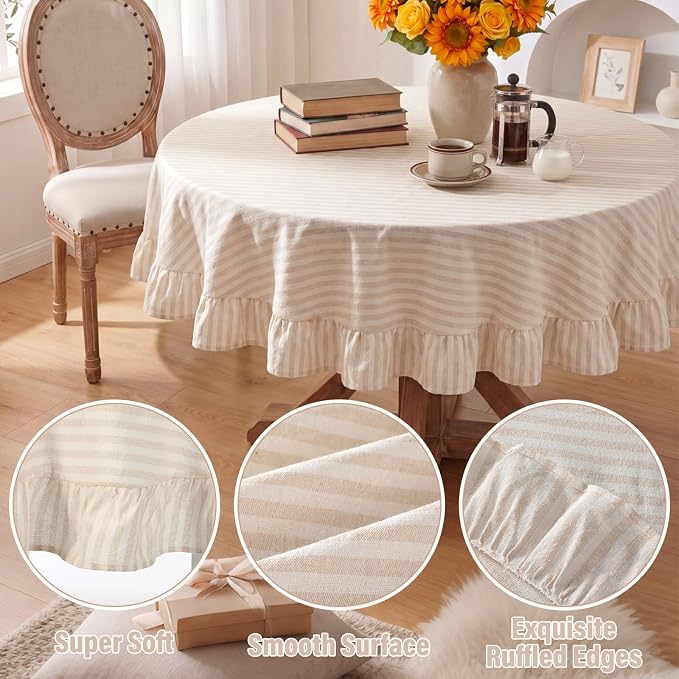 Boao Cotton 60 Inch Farmhouse Ruffle Tablecloth Beige White Striped Flounces Trim Table Cover for Round Table Kitchen Party Wedding Decor