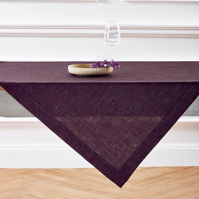 Solino Home Grape Linen Tablecloth 52 x 52 Inch - 100% Pure Linen Square Table Throw - Athena, Machine Washable Tablecloth for Summer