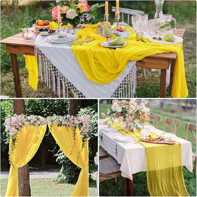 15 Pack Cheesecloth Table Runner 10Ft Gauze Cheese Cloth Table Runner 35 x120 Inch Boho Table Runners for Wedding Banquet Event Birthday Party Bridal Baby Shower Anniversary Summer Table Décor(Yellow)