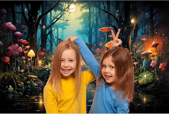 Fantasy Stream Backdrop Night Magical Forest Mushroom Tranquil Stream Photography Background Rainforest Jungle Tree Natural Landscape Backdrop Decors Luminous Mushroom Background Props 6x4ft