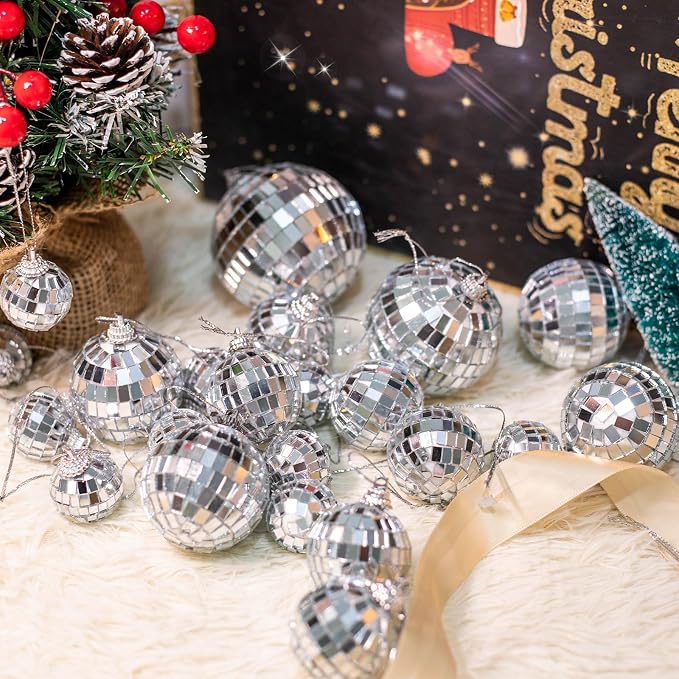 Mini Mirror Disco Ball Ornaments: Hanging Disco Ball Silver Party Decorations Set 28 Pack - Small Mirror Balls Decor for Wedding Christmas Birthday Cake Topper (1.2/1.6/2/2.4 Inch)