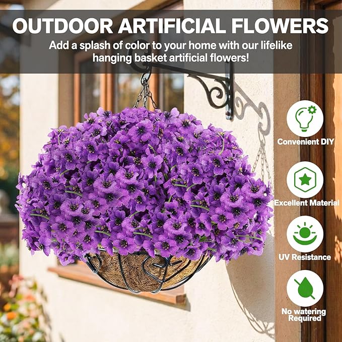 Powbrace 60 Pack Artificial Flowers for Outdoor Indoor Fake Plants, Faux Silk Flowers for Outdoors Outside Front Porch Hanging Planter Window Box Garden Spring Decoration(Purple)