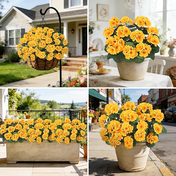Ouddy Decor Artificial Geranium Flowers for Outdoors, Fake Silk Flowers UV Resistant Faux Geraniums for Vase Planter Garden Patio Balcony Porch Indoor Outdoor Spring Summer Home Decor, 6 Pcs Yellow