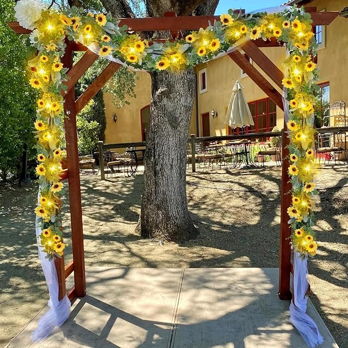 7.5FT Artificial Sunflower Garland with 30 Lights Silk Sunflower Vine Fake Flowers Summer Garland Prelit Lights for Mantle Baby Shower Wedding Arch Front Door Porch Staircase Decor (1 Pcs)