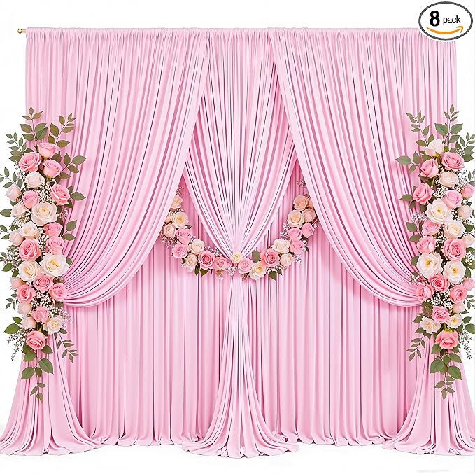 40x8ft Pink Backdrop Curtains for Parties Baby Shower Photo Wrinkle Free Pink Polyester Drapes Backdrop for Girls Birthday Party Gender Reveal Photoshoot Photography Background 8 Panels 5x8FT