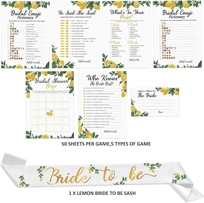 Lemon Bridal Shower Game with Bride to Be Sash-Set of 6 Activities Lemonade Bridal Shower Bachelorette Before Wedding for 50 Guests- 300 Cards 50 Per Game