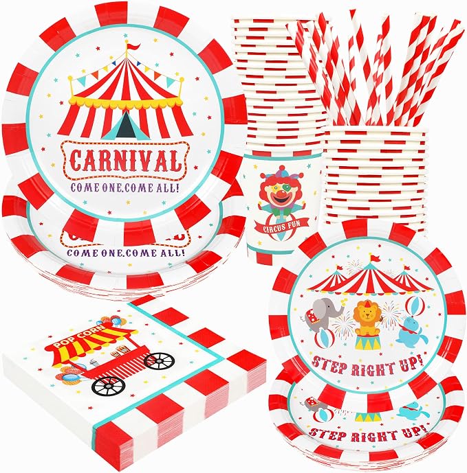 Recheel Carnival Party Supplies Decorations, Circus Theme Birthday Paper Plates and Napkins Set with Cups and Straws for 24 Guests, 120 Pcs Disposable Party Dessert Dinnerwares