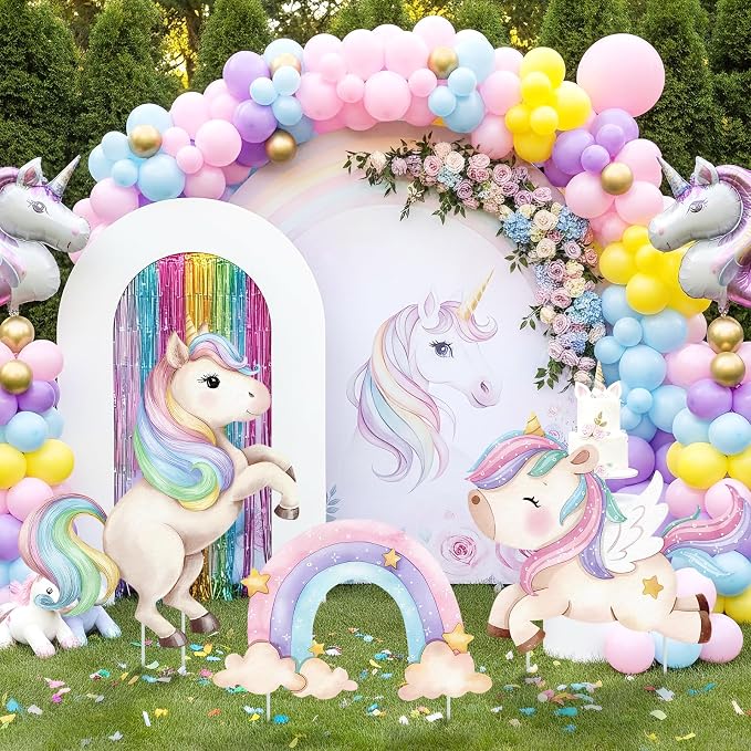 3Pcs Unicorn Birthday Decorations, Large Rainbow Unicorn Cardboard Cutout Standup, Girls Baby Shower Party Signs for Photo Booth Props Backdrops Indoor Outdoor Cartoon Party Supplies