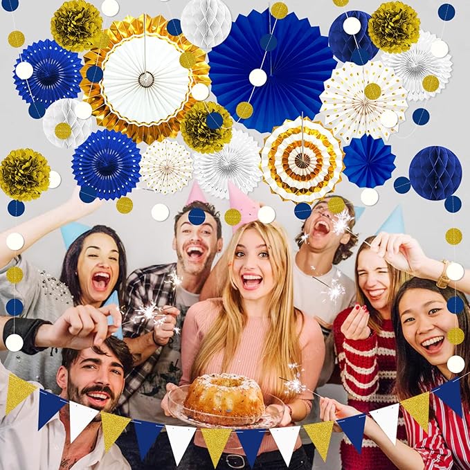 Navy Blue and Gold Graduation Party Decorations 23pcs Navy White and Gold Baby Shower Boy Birthday Decor for Kids Man with Hanging Paper Fans, Pom Poms Flowers, Garland String Polka Dot Packs