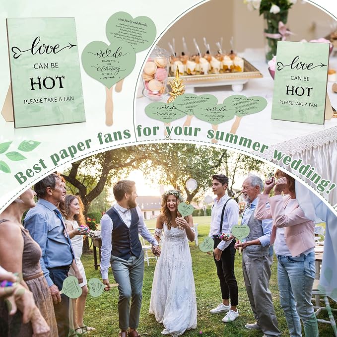 51 Pcs Wedding Fans for Guests Wedding Favor Paper Fans with Handle Bulk Table Sign for Ceremony Bridal Party Decoration(Green,Classic)