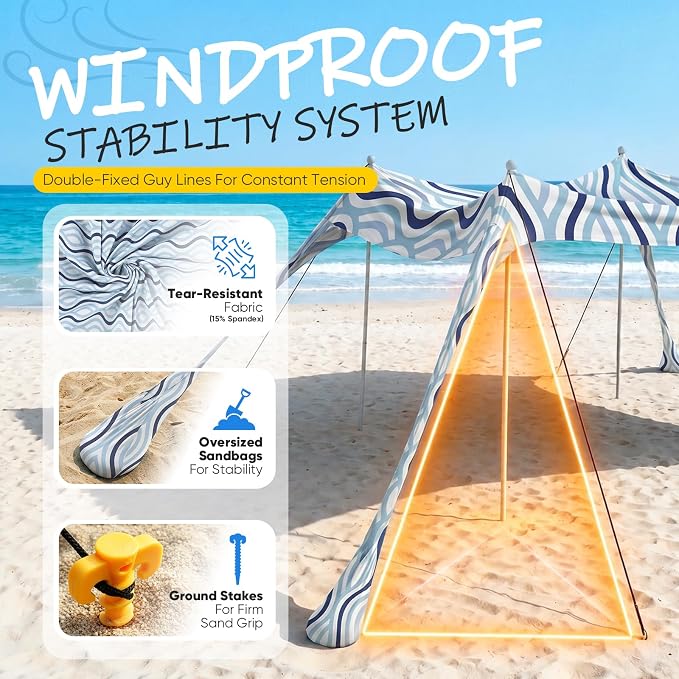 Sekey Aluminum Beach Shade Sun Shelter UPF 50+ - 8.2x8.2 FT Portable Beach Canopy with Windproof Rope & Stability Poles, Easy Setup Outdoor Tent for Camping, Backyard, Fishing, Picnics