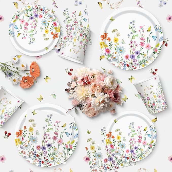 170 Pcs Spring Flower Birthday Party Decorations Sets, Includes Happy Birthday Banner, Floral Plates, Napkins, Cups, Plastic Silverware, Tablecloth for Wildflower Bday Party Supplies Decor, Serve 24