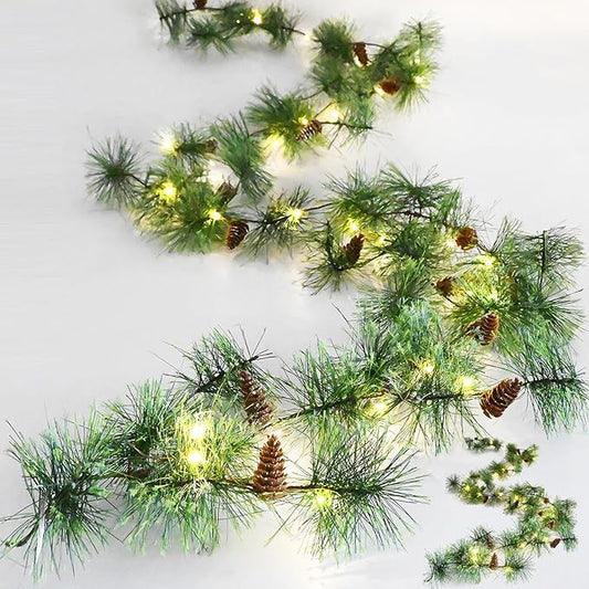 HamiFinee Christmas Garland with LED Fairy Lights 13FT Battery Operated Smokey Pine Garlands with 8 Flash Modes and Timer Pine Cones Artificial Greenery Garland Rustic Garlands for Xmas Holiday Home