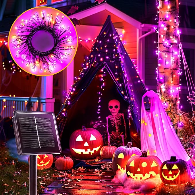 Halloween Solar String Lights Outdoor Waterproof, 19.6Ft 240 LED 8 Modes | Solar Fairy Lights Halloween Lights Outdoor, Waterproof Twinkle Firecracker Light for Patio Yard Trees, Orange Purple